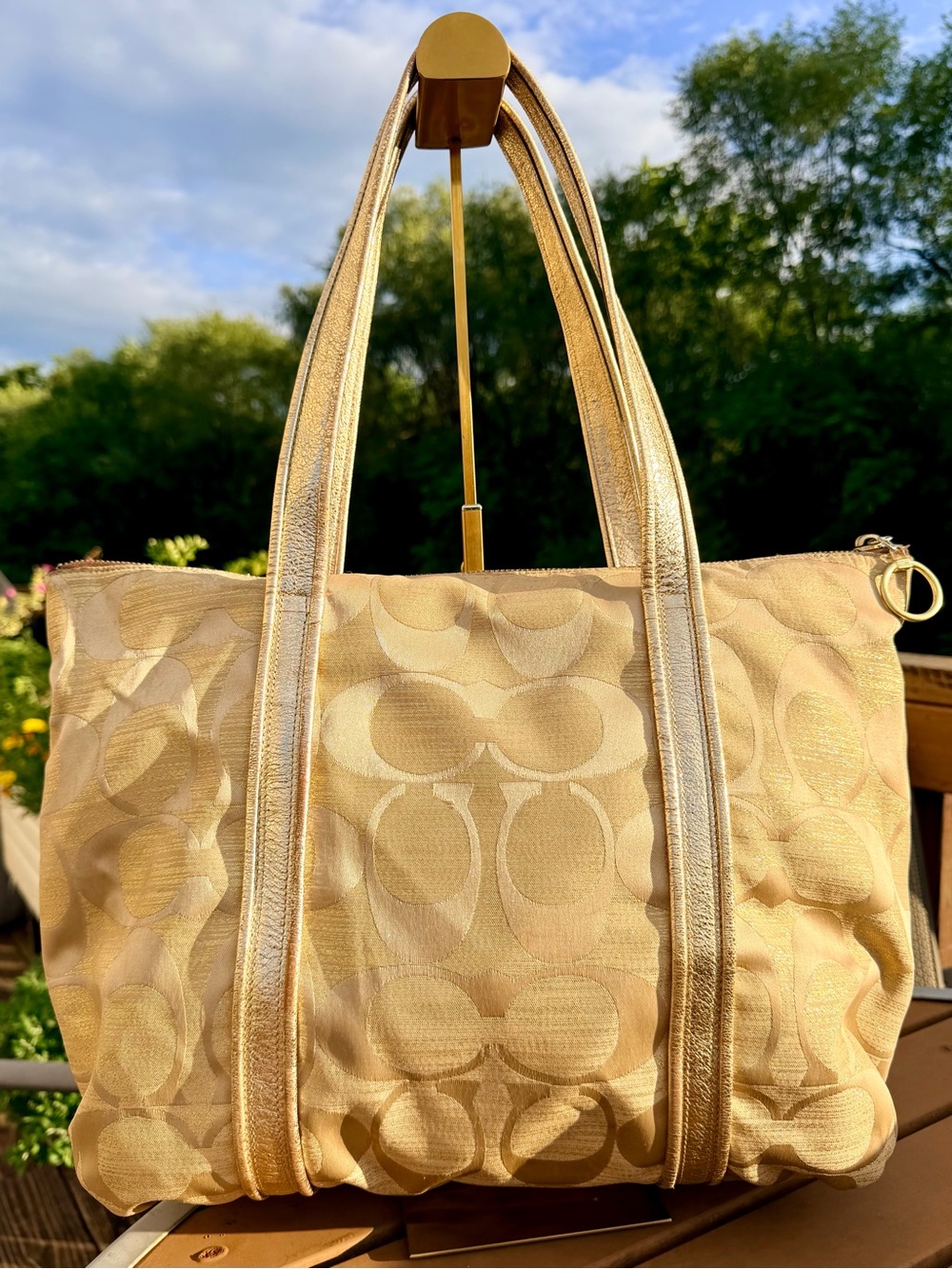 COACH Poppy Glam Tote in Metallic Gold Monogram Jacquard Pattern. - Picture 8 of 13